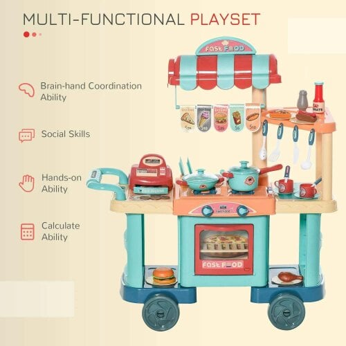 Bobobiy 50 Pcs Kids Kitchen Play set Fast Food Trolley Cart Pretend Playset Toys - Play Food Cashier Register Accessories Gift for Boys Girls Age 3-6
