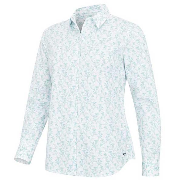 Hoggs of Fife ladies thistle print shirt, folded to show floral design and button-down collar, ideal for smart country styling