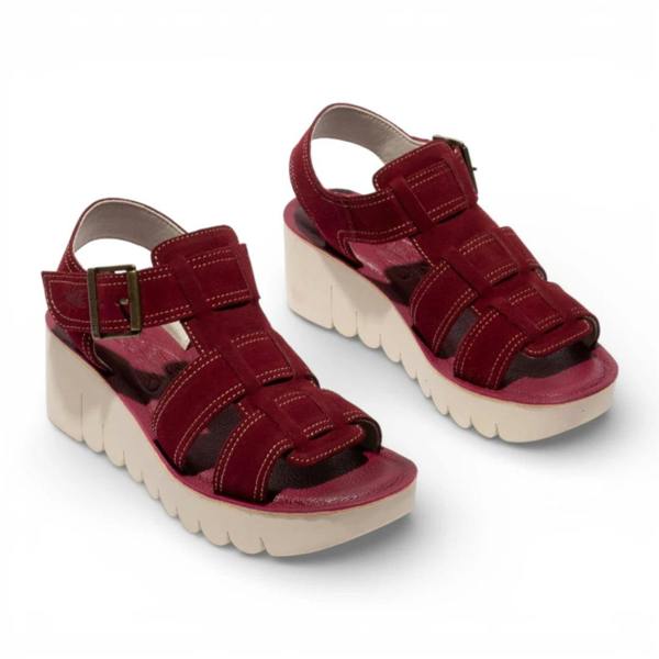 Fly London YUDD236FLY - Women’s Berry Red Suede Leather Wedge Sandals