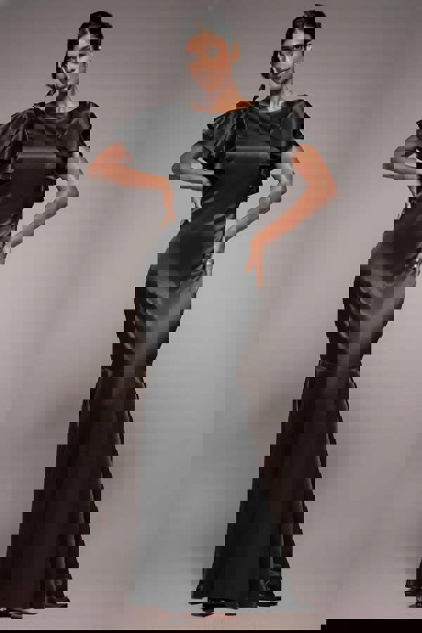 Satin Flutter Sleeve Mermaid Maxi - Black DR3954