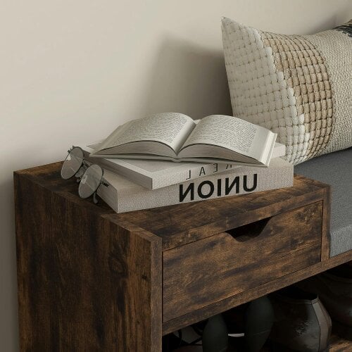 Wyld Haus Nata Wooden Rustic Brown Multi Compartment Shoe Bench With Grey Cushioned Seat