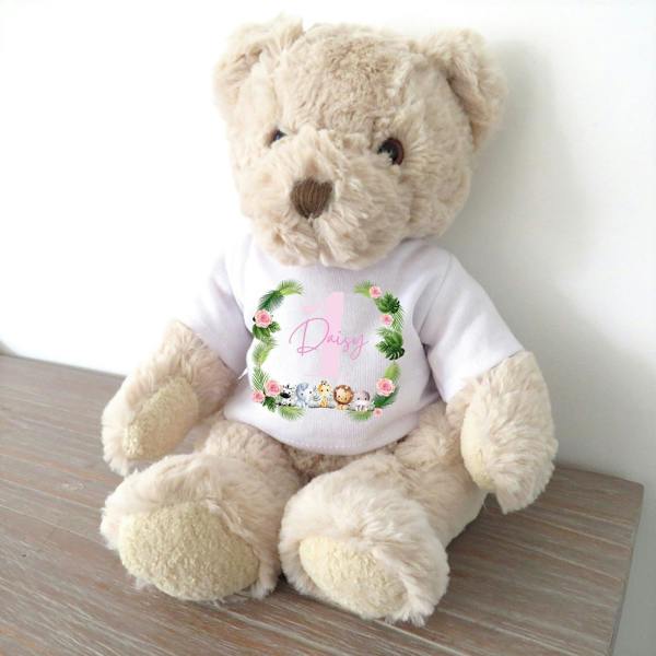 Aye Do Gifts Personalised Luxury Teddy Bear Pink Safari Girls 1st Birthday T-shirt