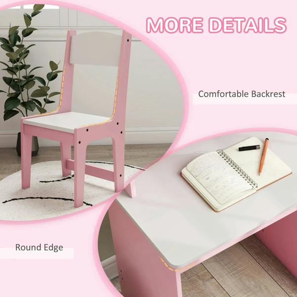 Pink kids chair with round edge desk surface and pencil/notes on the tabletop