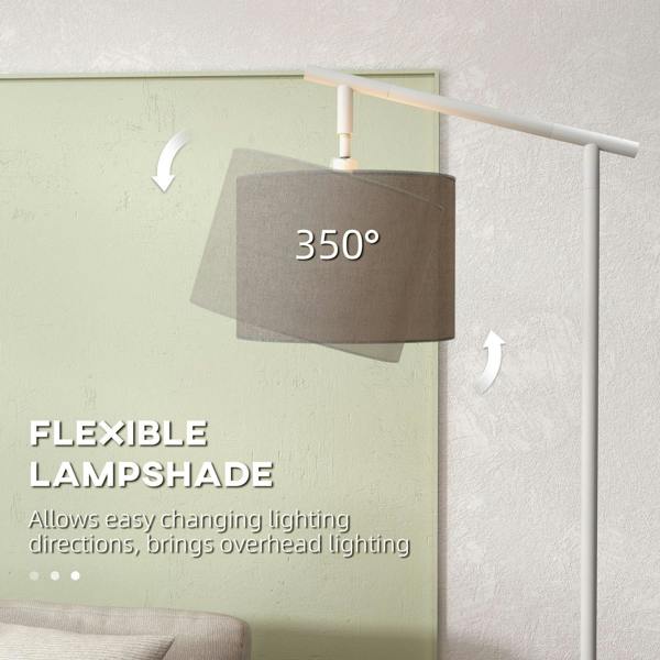 Floor lamp with rotating grey fabric lampshade on white metal frame