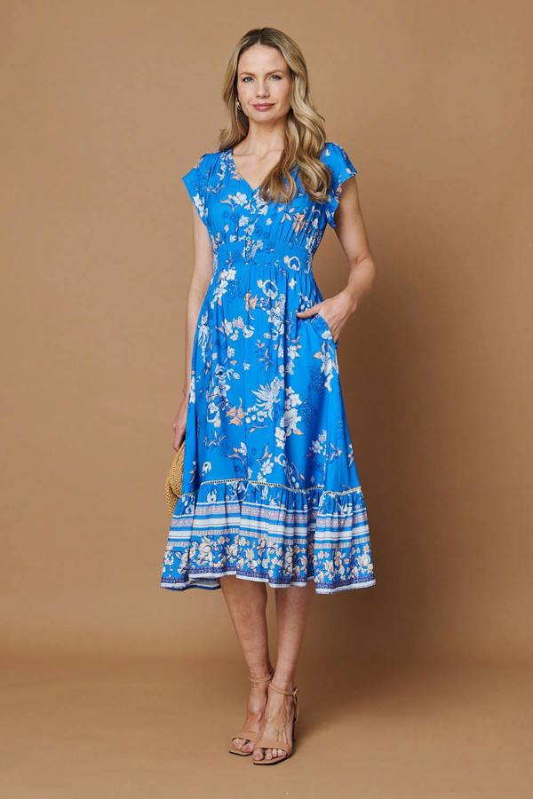 Blue | Floral Cap Sleeved Shirred Midi Dress