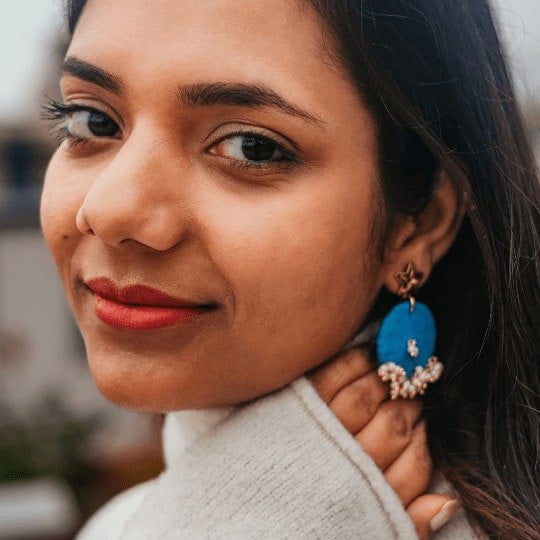 The Colourful Aura Blue Handmade Round Plain Poth White Pearl Fabric Boho Asian Indian Earrings