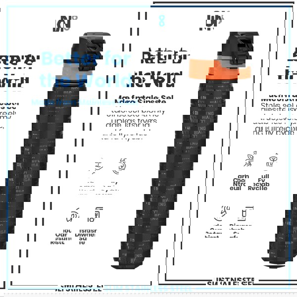 A stainless steel water bottle, featuring an orange band and "WHO DEY! BENGALS" text, sits against a white background, showcasing its durability and recyclability.