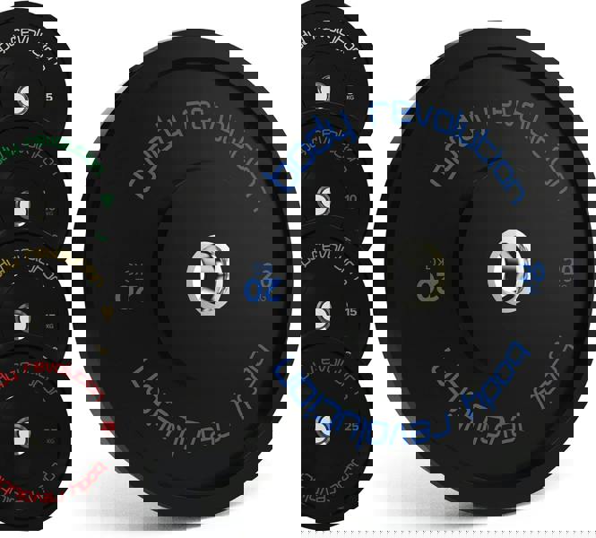 Black Olympic bumper plates from Body Revolution, featuring a durable rubber finish, clear weight markings, and a sleek design