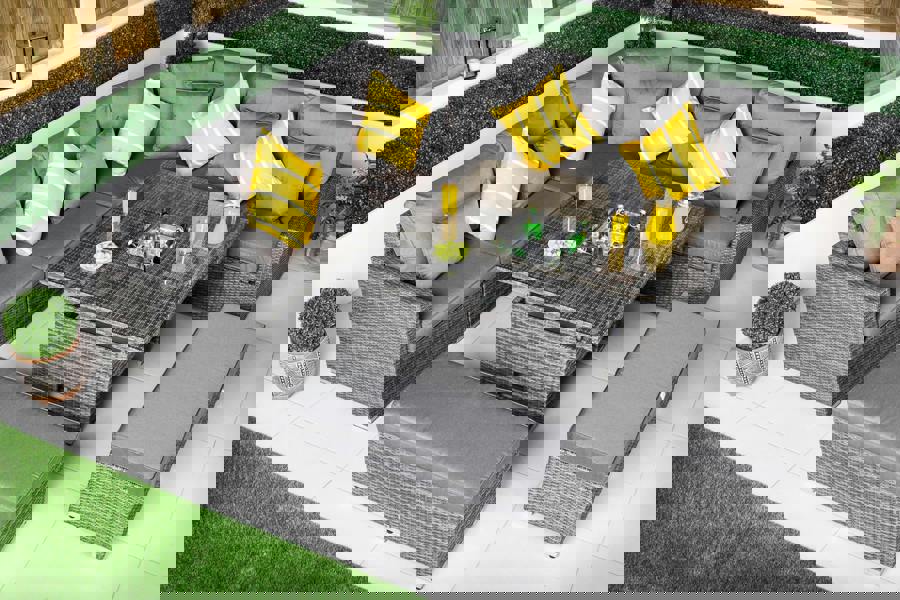 Giardino Santorini 5 Seat Modular Corner Sofa Rattan Garden Furniture Set Outdoor Adjustable Drinks Cooler Coffee Table & 2 Benches