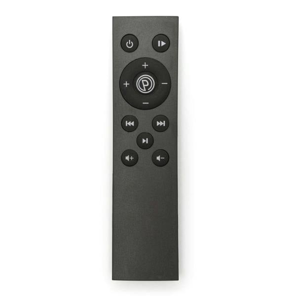 A black rectangular remote control with power, play/pause, arrows, volume, and navigation buttons—designed for adjusting the Whole Body Vibration Training Exercise Plate during your full body workout—shown on a white background.