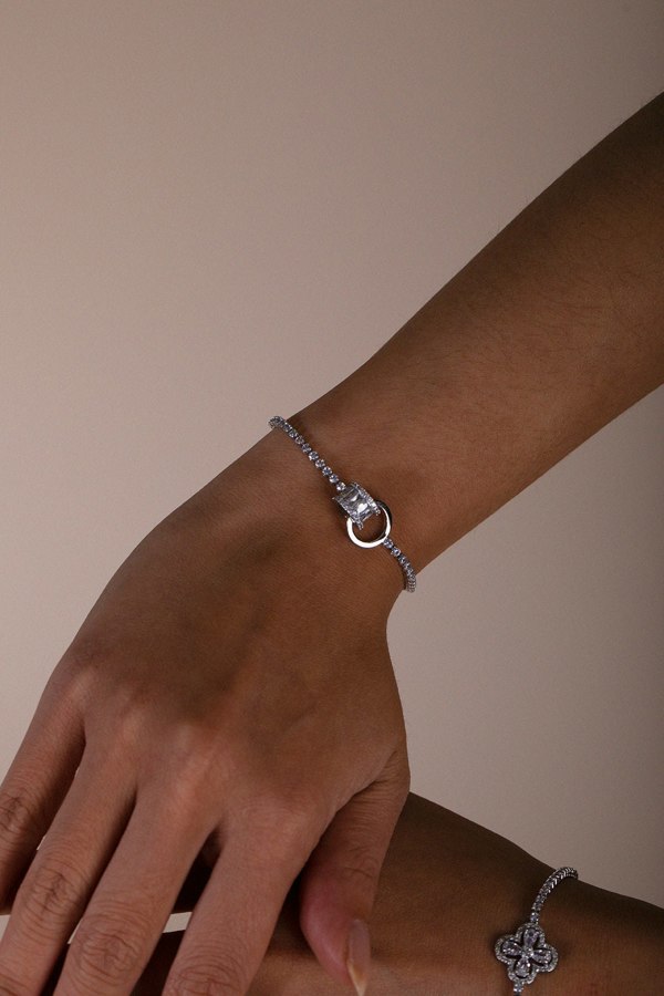 SVNX Double Ring Diamante Bracelet In Silver Colour - Gift Boxed