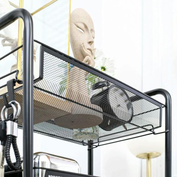 Black steel mesh trolley shelf with side rail and curved handle support