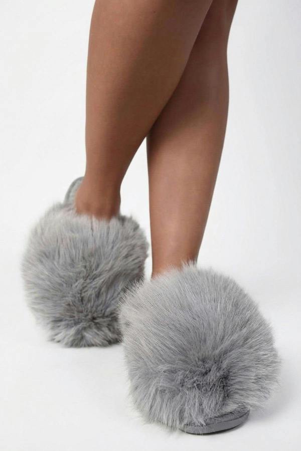 Nadia Fluffy Faux Fur Slippers - Grey_wb