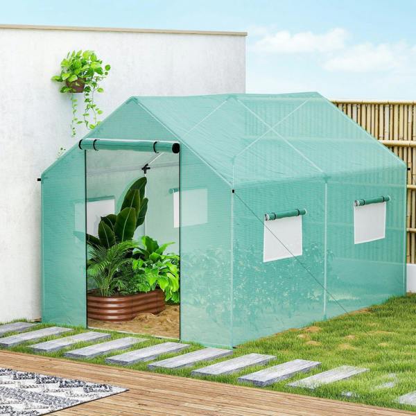 Green polytunnel greenhouse with mesh windows and side entry door