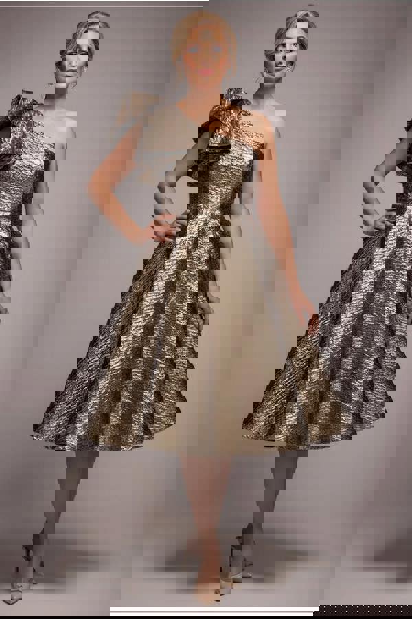 One Shoulder Frill Jacquard Skater Midi Dress - Bronze Gold DR4811M