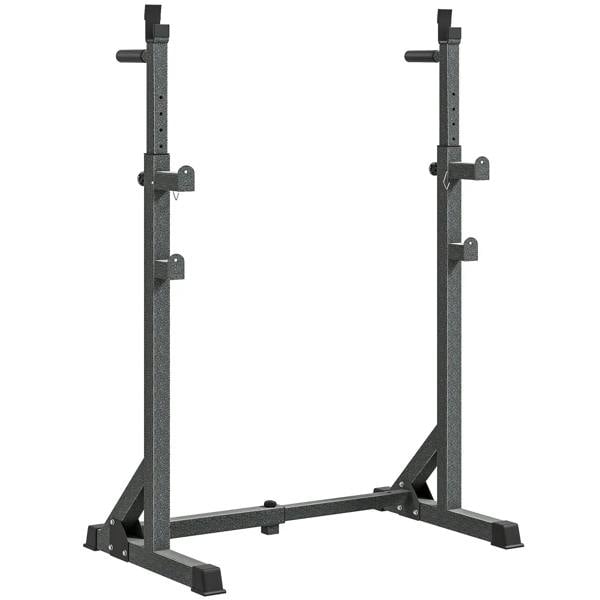 Adjustable power squat rack with two upright posts, multi-height pegs, and base stabilizers