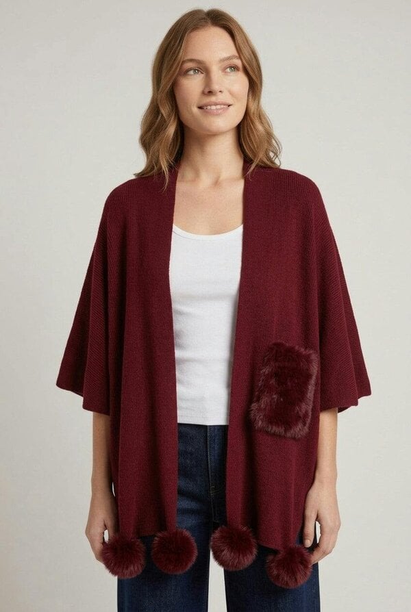Izabel London Faux Fur Trim Tie Front Relaxed Poncho