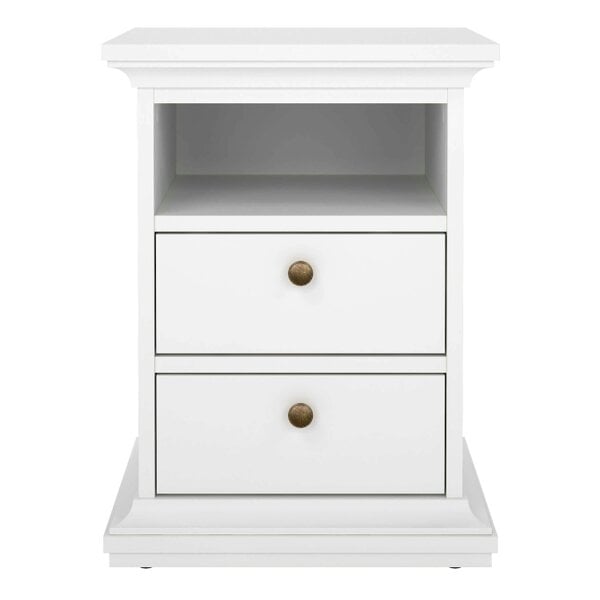 Wyld Haus Osaka Farmhouse White Wooden Bedside Table 2 Drawers 1 Open Shelf