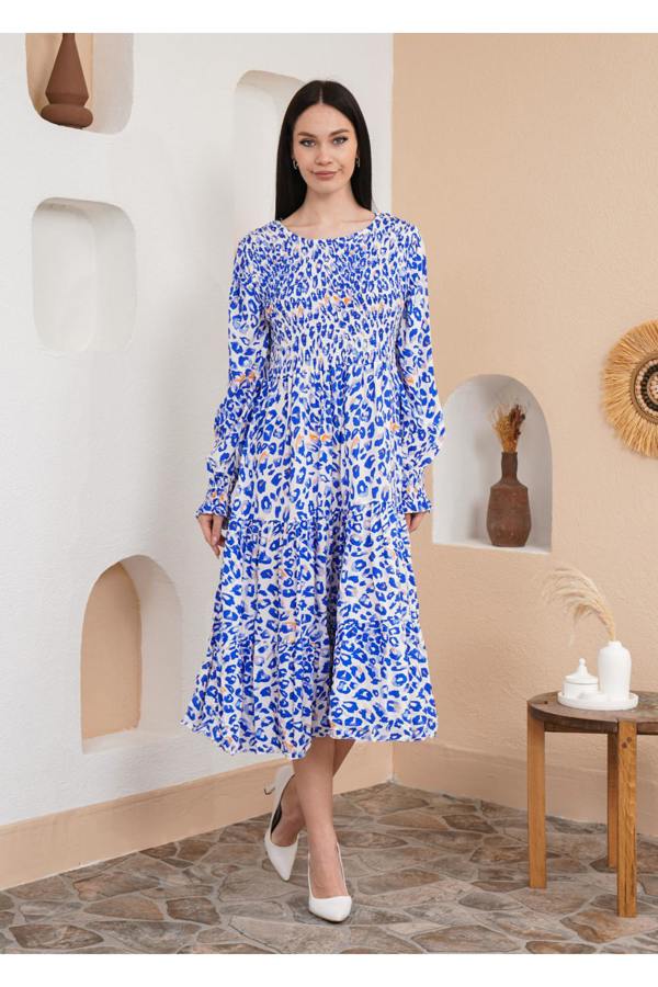 Hoxton Gal Relaxed Fit Round Neck Long Sleeves Leopard Printed Shirred Detailed Dress in Blue