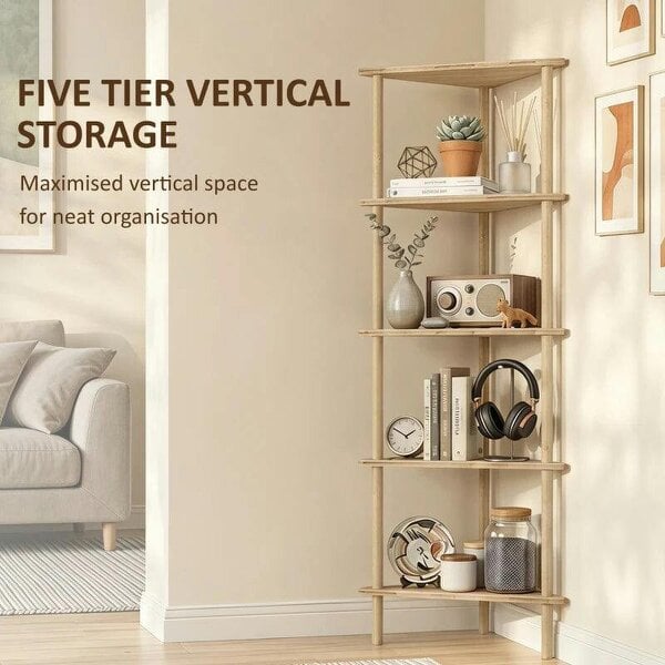 Bamboo Storage Shelf, 5-tier Corner Shelf, Freestanding Shelving Unit for Living Room, Home Office, Natural Wood Finish