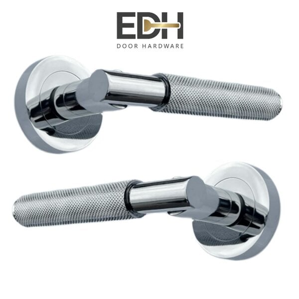 EDH Door Hardware Polished Chrome Knurled Door Handles on Round Rose – Modern Internal Lever Latch Handles