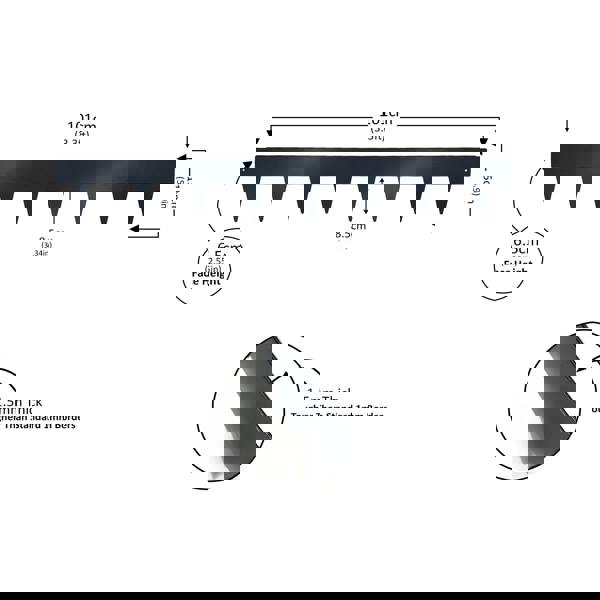 Measurement chart of 15cm high grey metal border strip with dimensions and thickness.