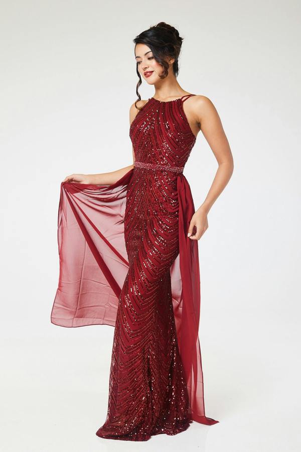 LuvForever Reya - Wine Sequin Maxi Dress