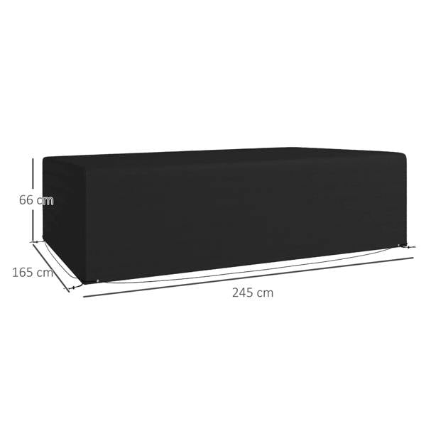 Black rectangular furniture cover with side tie points and listed dimensions