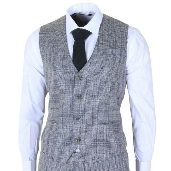 Infinity Leather Men's 3-Piece Grey Classic Check Suit Slim Fit Plaid Formal Party Suit