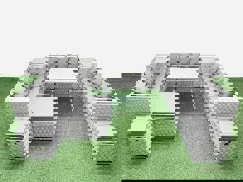 Fimous 12 Seat Outdoor Patio PE Rattan Garden Furniture with Cushions 3 Seater Sofa 2 Side Tables 3 Stool Light Grey