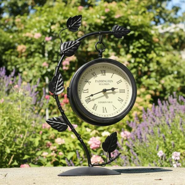 The Garden Marketplace Double Sided Leaf Design Garden Clock in Black Metal