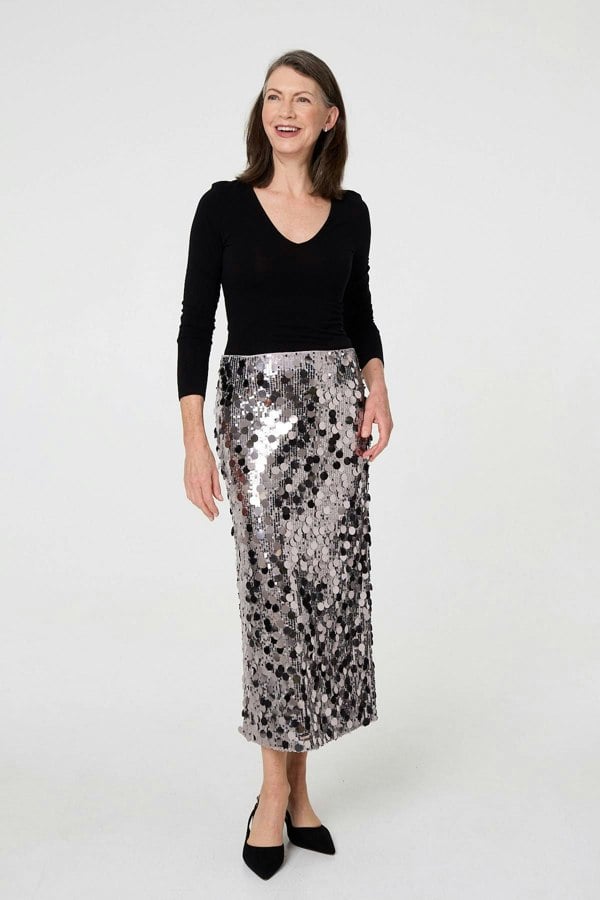 Navy | Sequin Embellished Straight Midi Skirt

