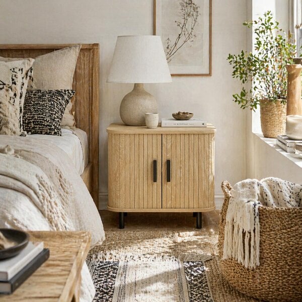 Wyld Haus Ritava Natural Oak Tambour Bedside Table 2 Sliding Doors Black Metal Legs