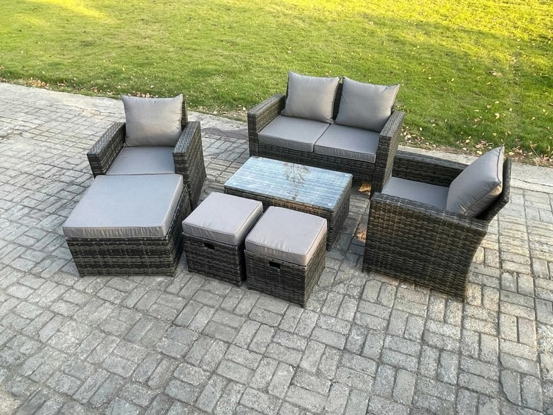 Fimous 7-Seater Outdoor Lounge Sofa Set - Dark Grey Mixed PE Wicker Rattan Garden Furniture with Rectangular Coffee Table & 3 Footstools