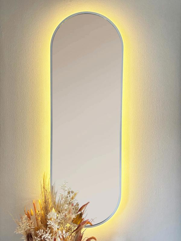 Downton Interiors LED Backlit White Modern Tall Metal Frame Oval Wall Mirror - 120cm
