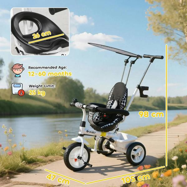 White kids tricycle with black-and-white seat, wide canopy and front handlebar