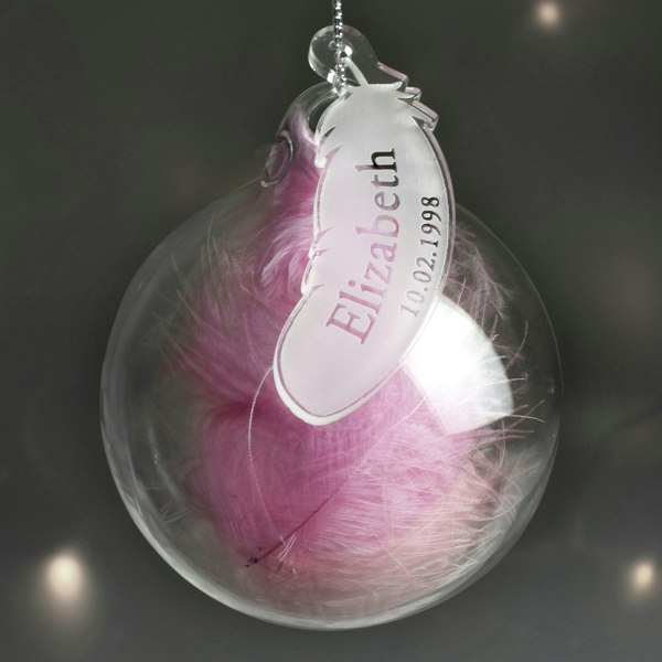 Personalised Memento Company Personalised Name & Date Pink Feather Glass Bauble