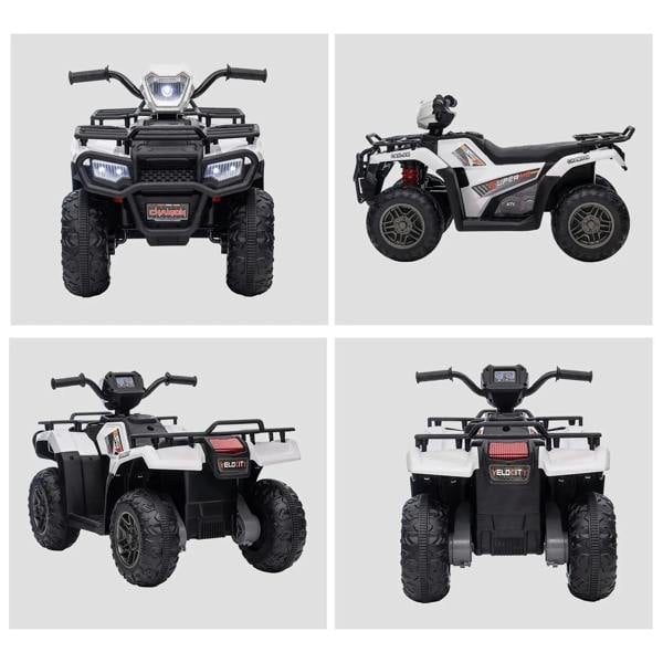Kids ride-on ATV shown from four angles: front, side, rear, and other side view.