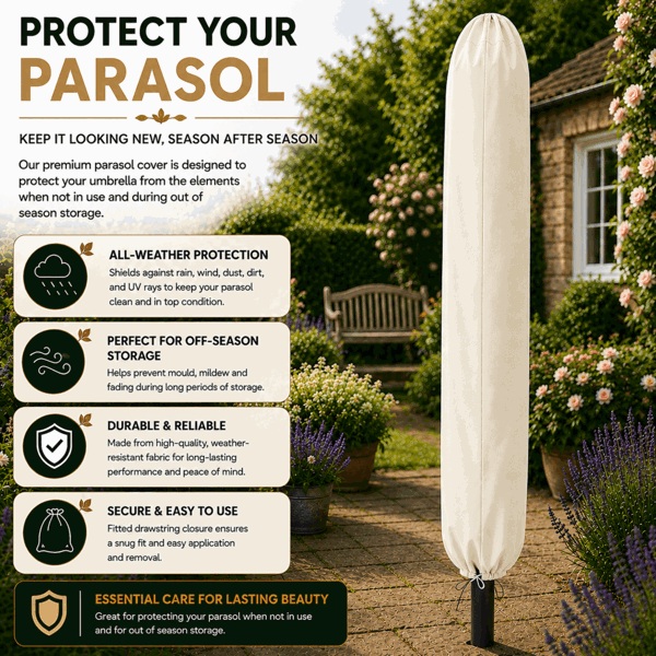 GlamHaus Tilting Garden Parasol Table Umbrella 2.7M with Crank Handle, UV40 Protection, Includes Protection Cover - Cream