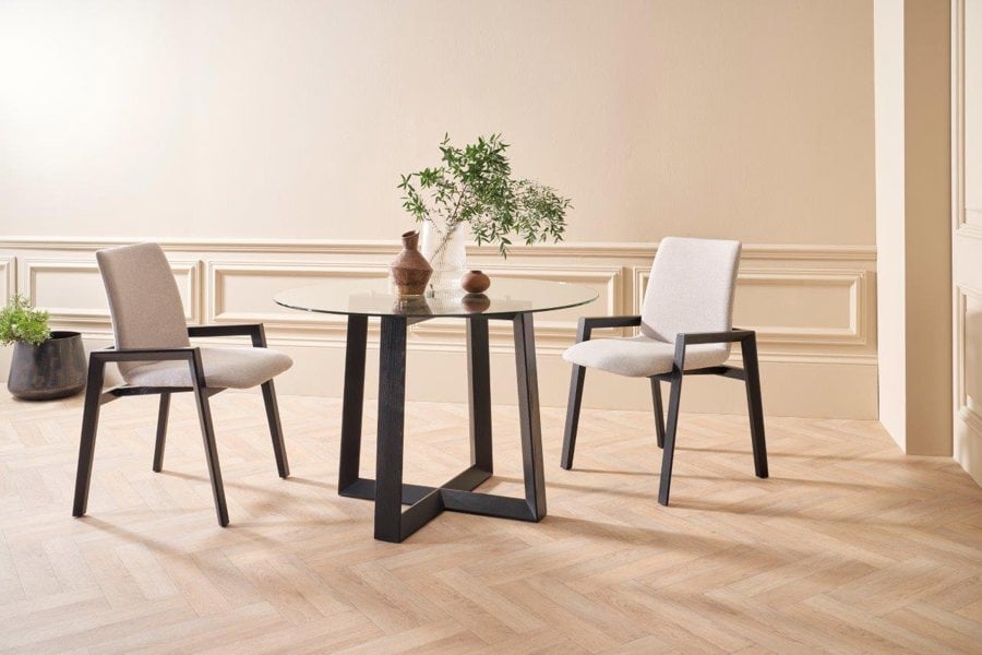 Cadiz Large Round Dining Table with Clear Glass Top & Natural Black Oak Base by Gillmore British Design © GillmoreSPACE Limited