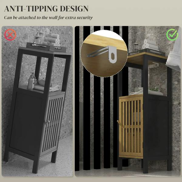 Black and bamboo bathroom storage cabinet with anti-tipping wall strap detail