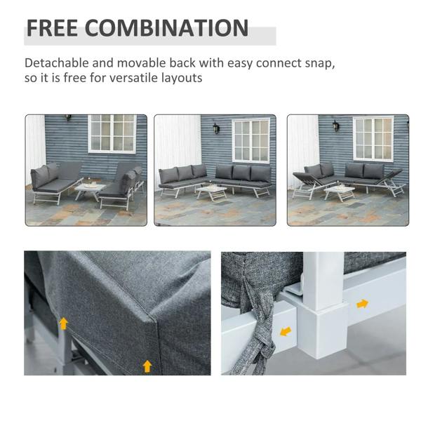 Grey modular outdoor sofa with detachable back cushions and snap-in connection points