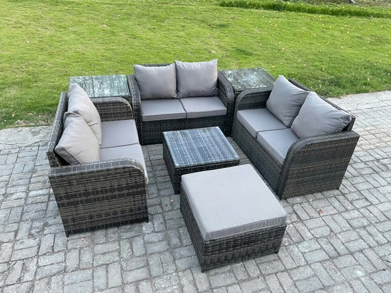 Fimous Outdoor Garden Furniture Sets 7 Seater Wicker Rattan Furniture Sofa Sets with Square Coffee Table Love seat Sofa Big Footstool 2 Side Tables
