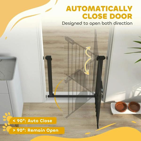 Black pet safety gate with cat flap and self-closing door shown with arrows