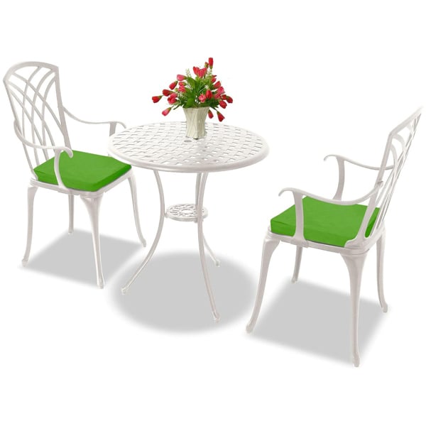 Centurion Supports OSHOWA Luxurious Garden and Patio Table and 2 Large Chairs with Armrests Cast Aluminium Bistro Set - White with Green Cushions