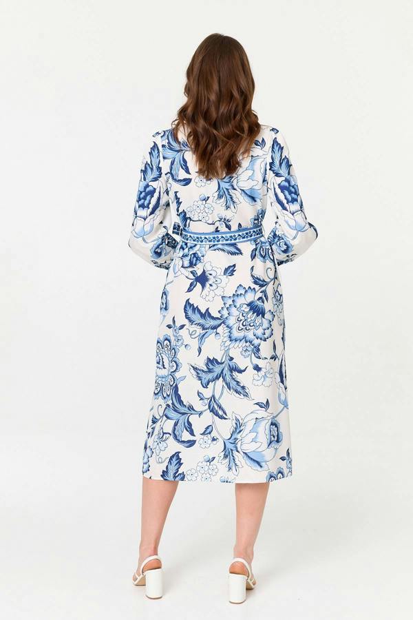Blue | Floral Print Tie Belt Midi Shirt Dress