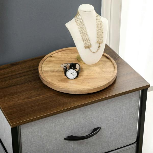 Wooden top and grey fabric drawer with black curved handle on a black steel frame