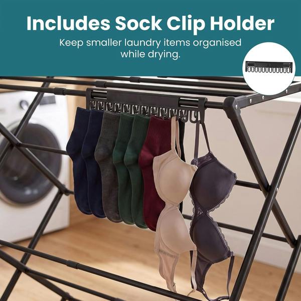 Laundry Mate Clothes Airer with Sock Clips - 3 Tier Space Saving Foldable Laundry Rack - Extends up to 71CM 11 Hanging Poles