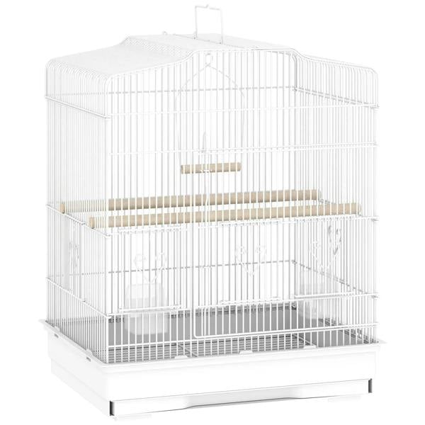 White metal bird cage with wooden perches and multi-level interior bars