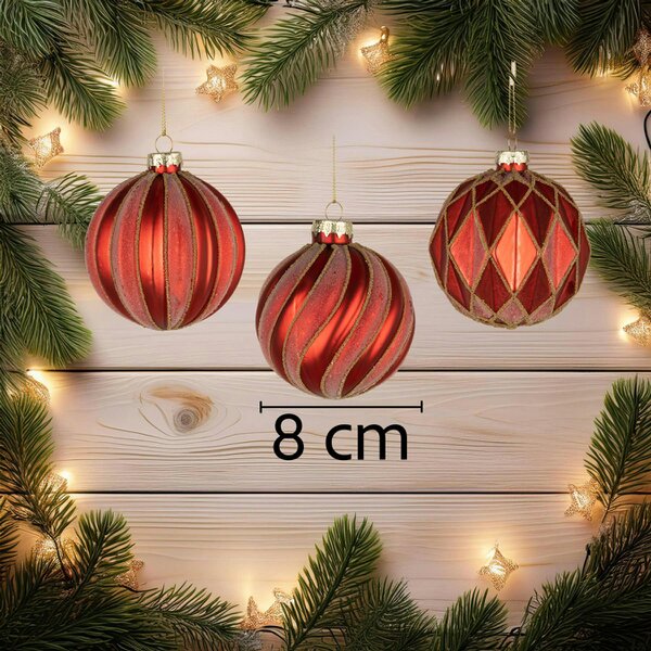 Shatchi 8cm Red Glass Christmas Baubles, 12 Pack with Assorted Festive Designs for Tree Decoration